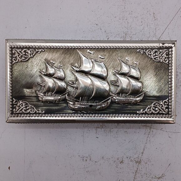 Vintage Elite England Tin Jewelry Storage Box 3D Embosssed Nautical Ships 4751/6 - Picture 4 of 14